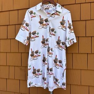 DIZZY LIZZY | White Packable Whimsical Unique Print Cotton Shift Dress | Size S